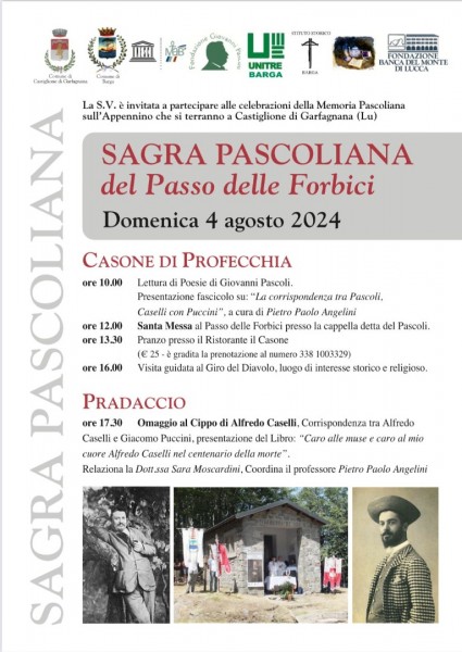 Domenica 4 agosto l’appuntamento con la “Sagra Pascoliana”: Una giornata di cultura sull’Appennino per ricordare la poesia di Giovanni Pascoli, la vita di Alfredo Caselli, la loro amicizia con Giacomo Puccini